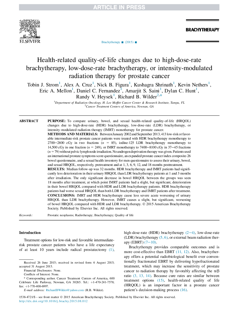 Health-related quality-of-life changes due to high-dose-rate brachytherapy, low-dose-rate brachytherapy, or intensity-modulated radiation therapy for prostate cancer