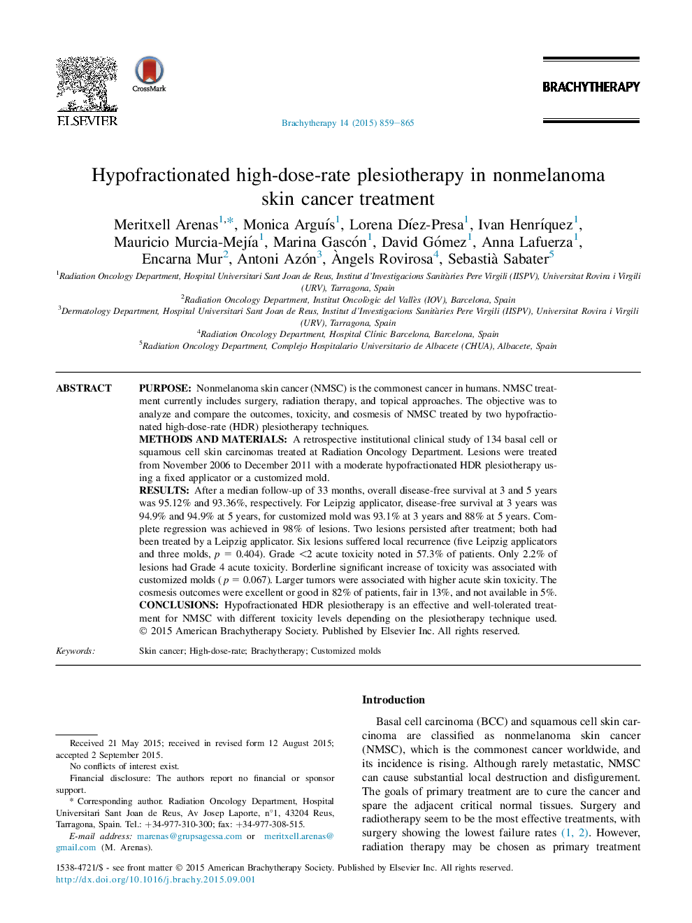 Hypofractionated high-dose-rate plesiotherapy in nonmelanoma skin cancer treatment