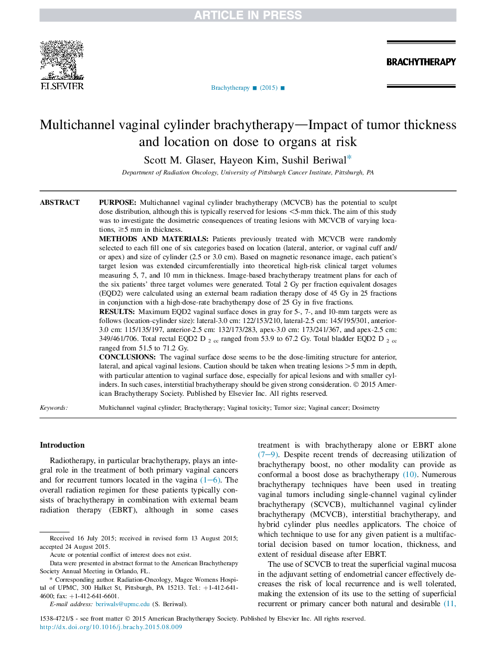 Multichannel vaginal cylinder brachytherapy-Impact of tumor thickness and location on dose to organs at risk