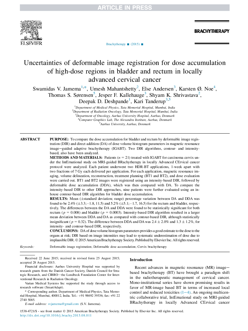 Uncertainties of deformable image registration for dose accumulation of high-dose regions in bladder and rectum in locally advanced cervical cancer