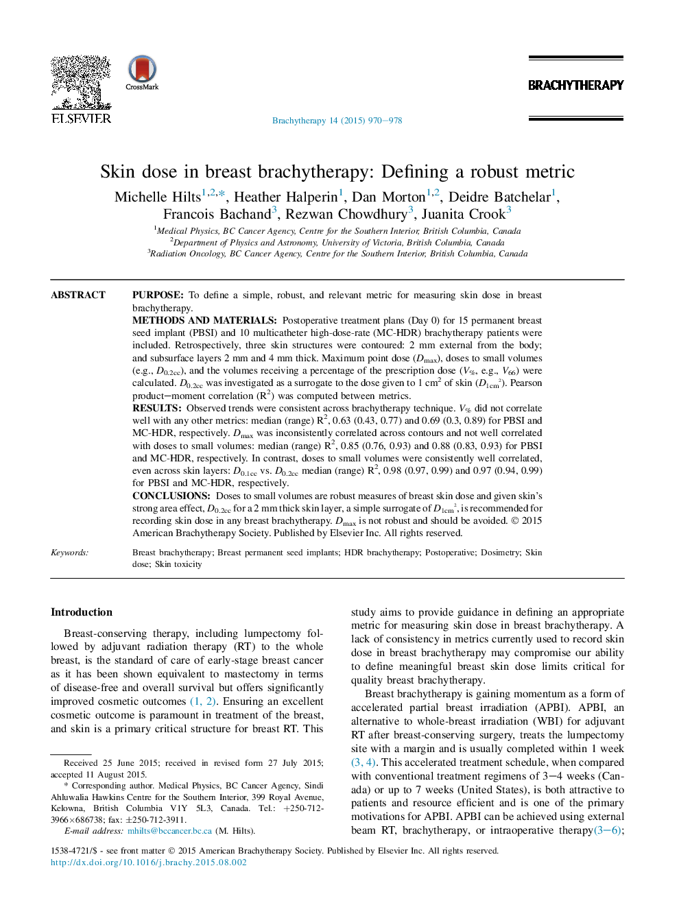 Skin dose in breast brachytherapy: Defining a robust metric