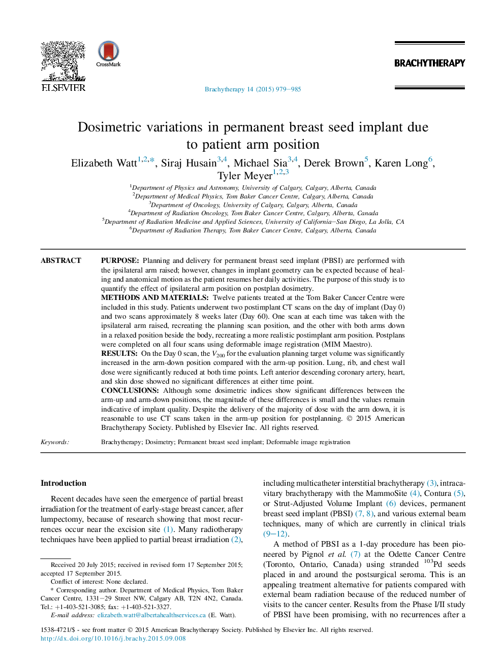 Dosimetric variations in permanent breast seed implant due to patient arm position