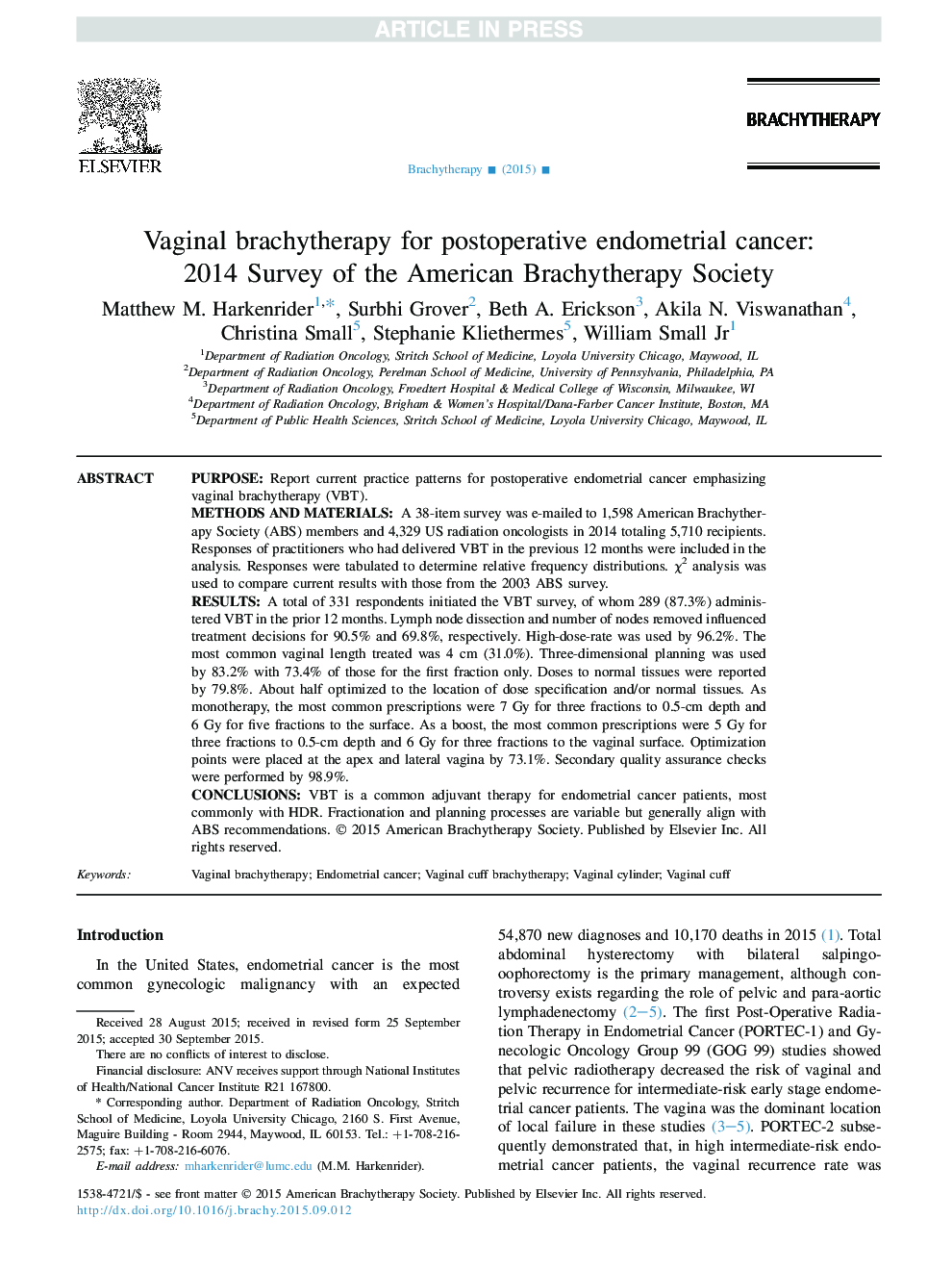 Vaginal brachytherapy for postoperative endometrial cancer: 2014 Survey of the American Brachytherapy Society