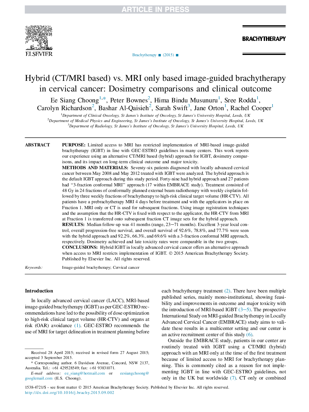 Hybrid (CT/MRI based) vs. MRI only based image-guided brachytherapy in cervical cancer: Dosimetry comparisons and clinical outcome