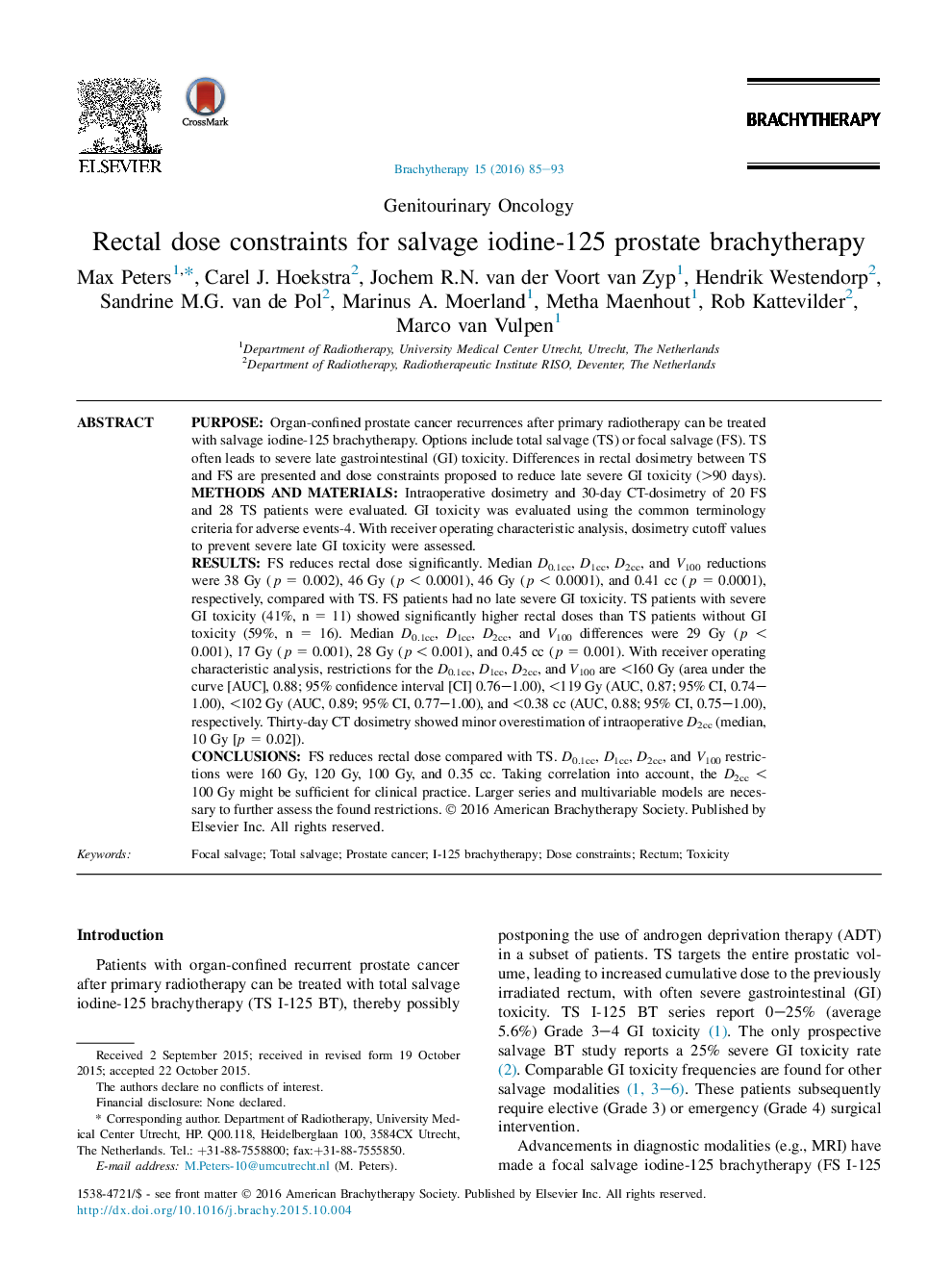 Rectal dose constraints for salvage iodine-125 prostate brachytherapy