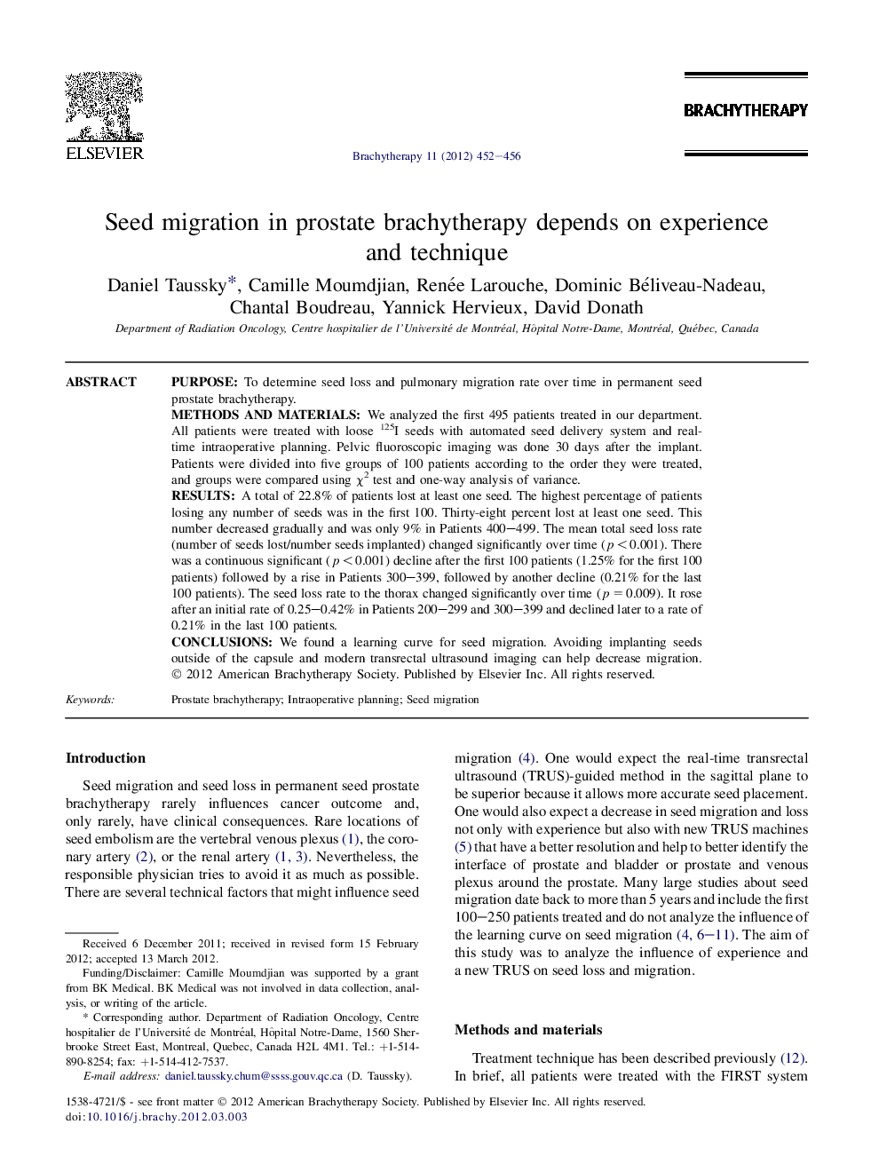 Seed migration in prostate brachytherapy depends on experience and technique