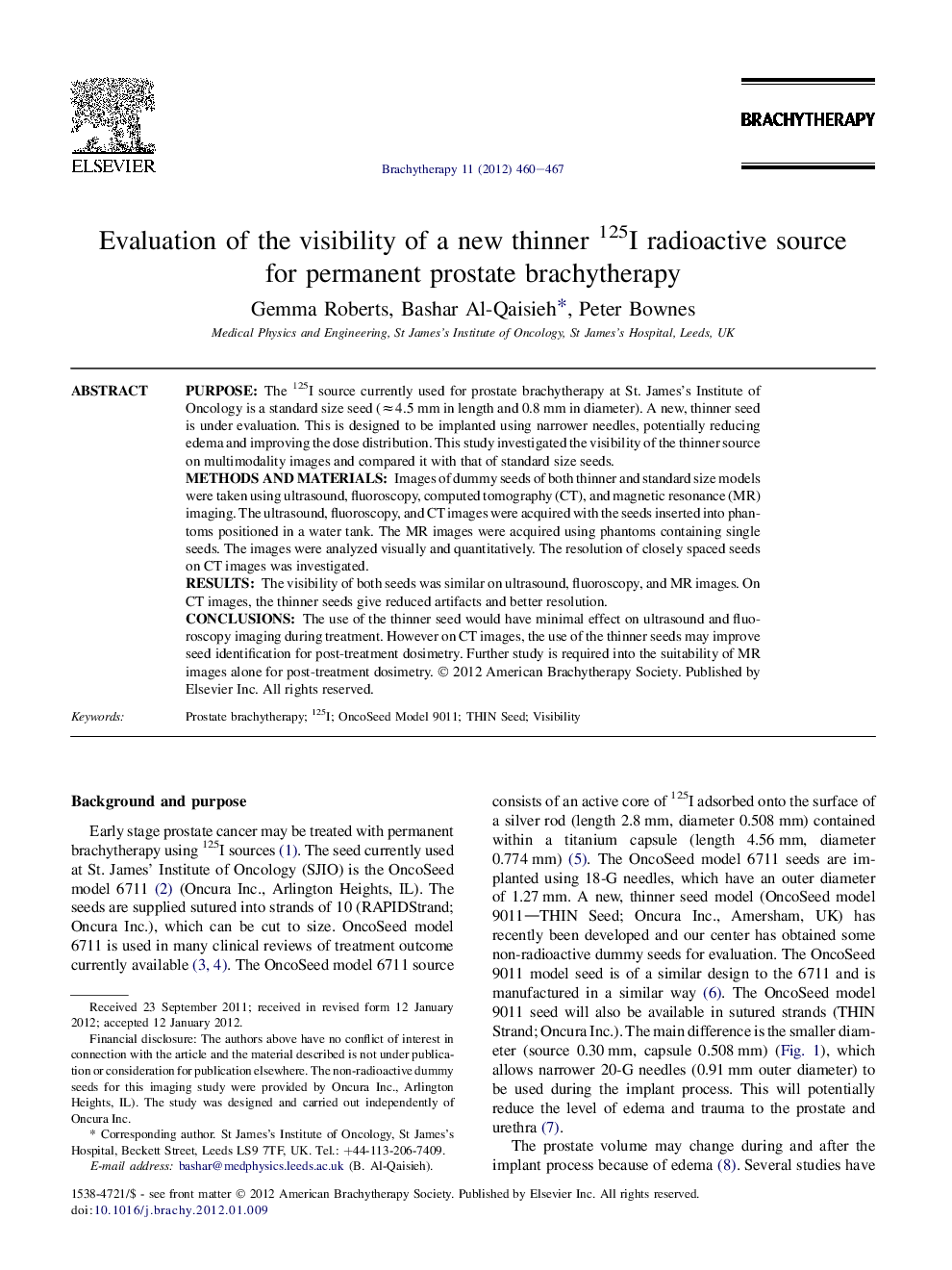 Evaluation of the visibility of a new thinner 125I radioactive source for permanent prostate brachytherapy