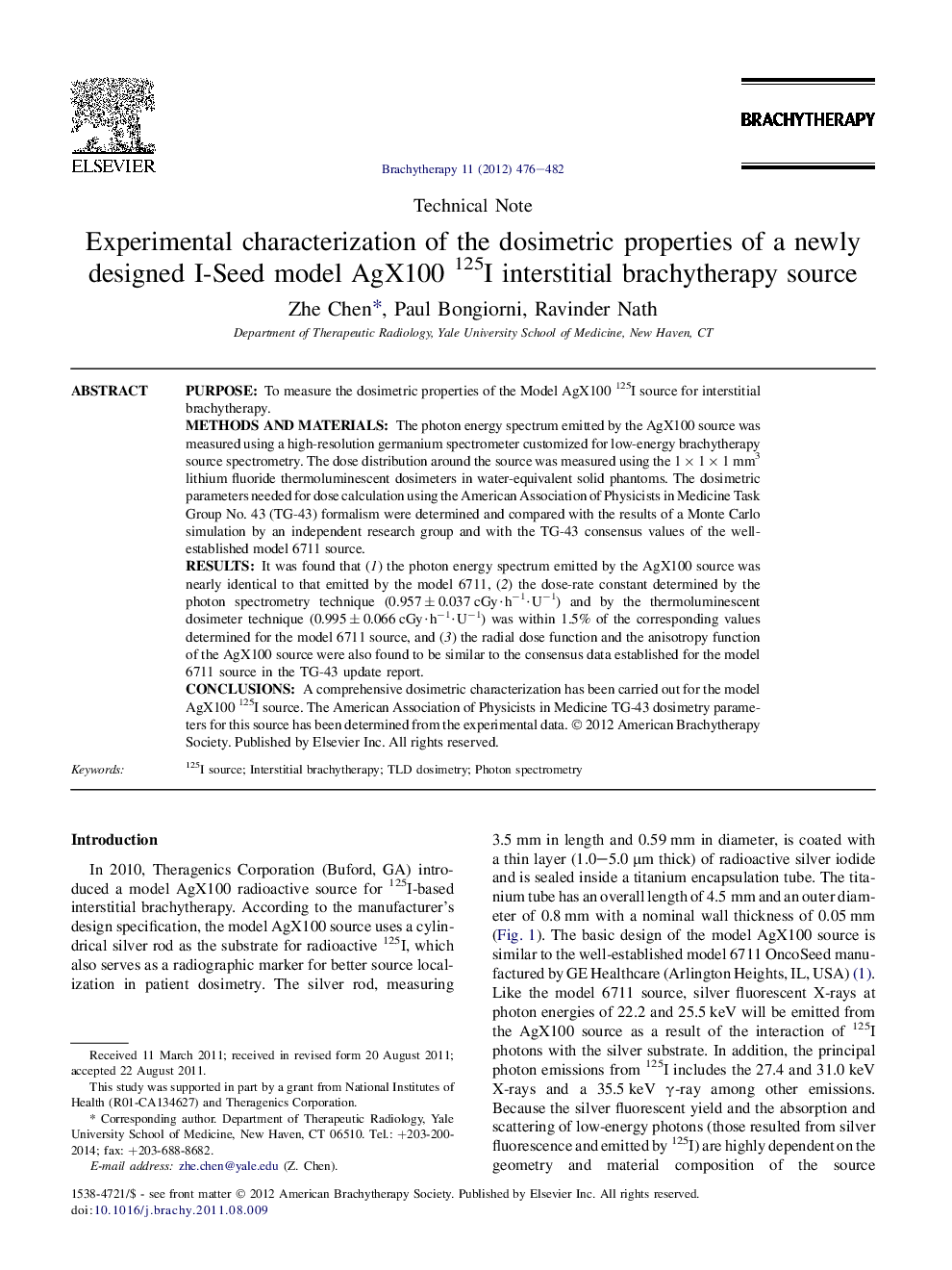 Experimental characterization of the dosimetric properties of a newly designed I-Seed model AgX100 125I interstitial brachytherapy source