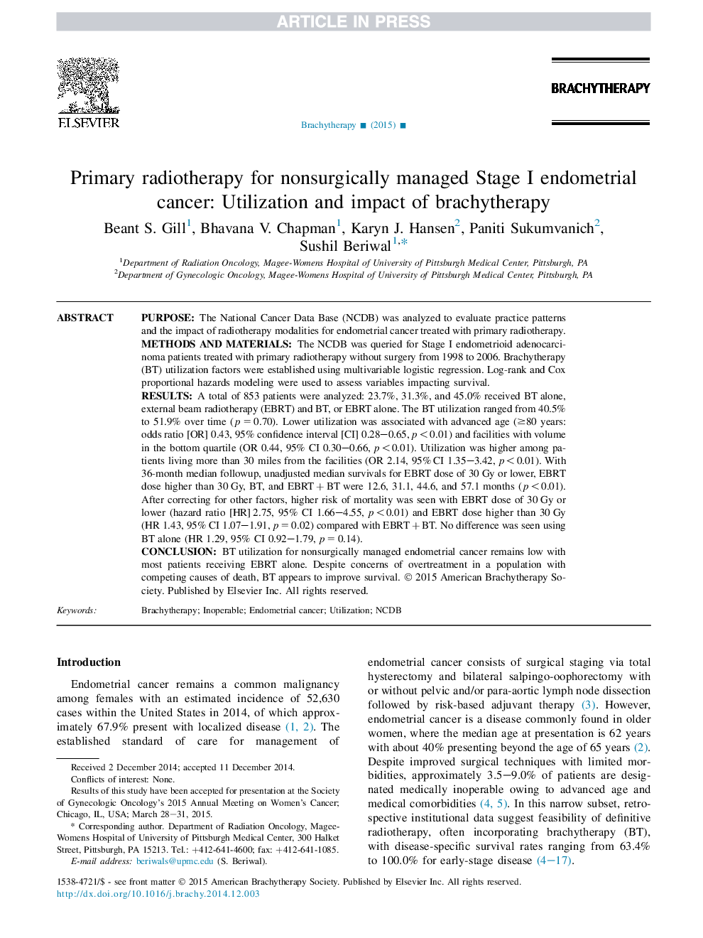 Primary radiotherapy for nonsurgically managed Stage I endometrial cancer: Utilization and impact of brachytherapy