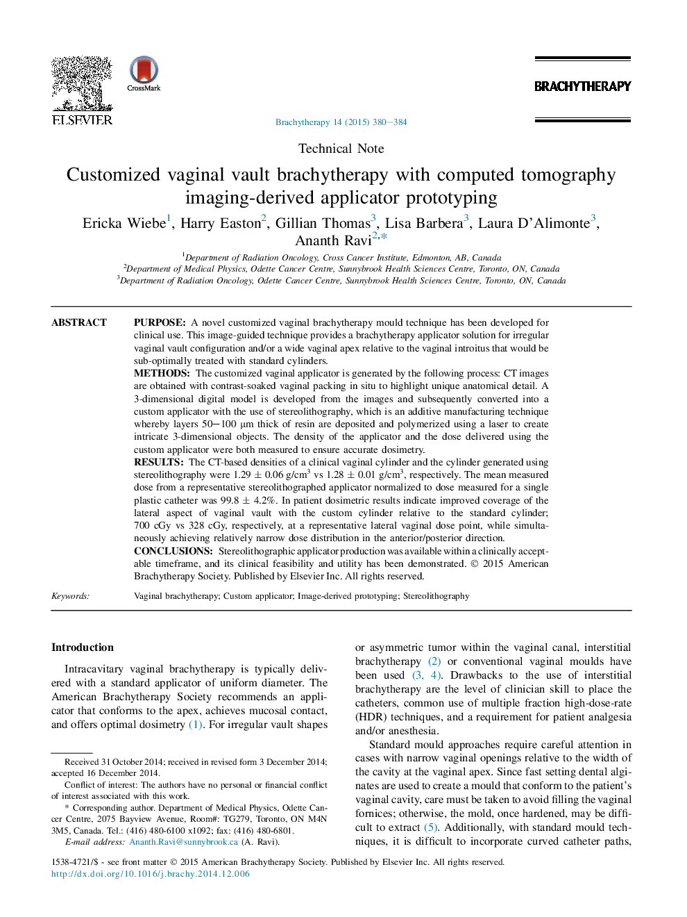 Customized vaginal vault brachytherapy with computed tomography imaging-derived applicator prototyping