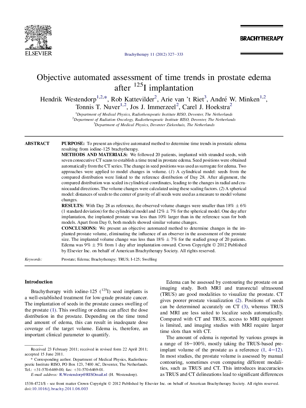 Objective automated assessment of time trends in prostate edema after 125I implantation