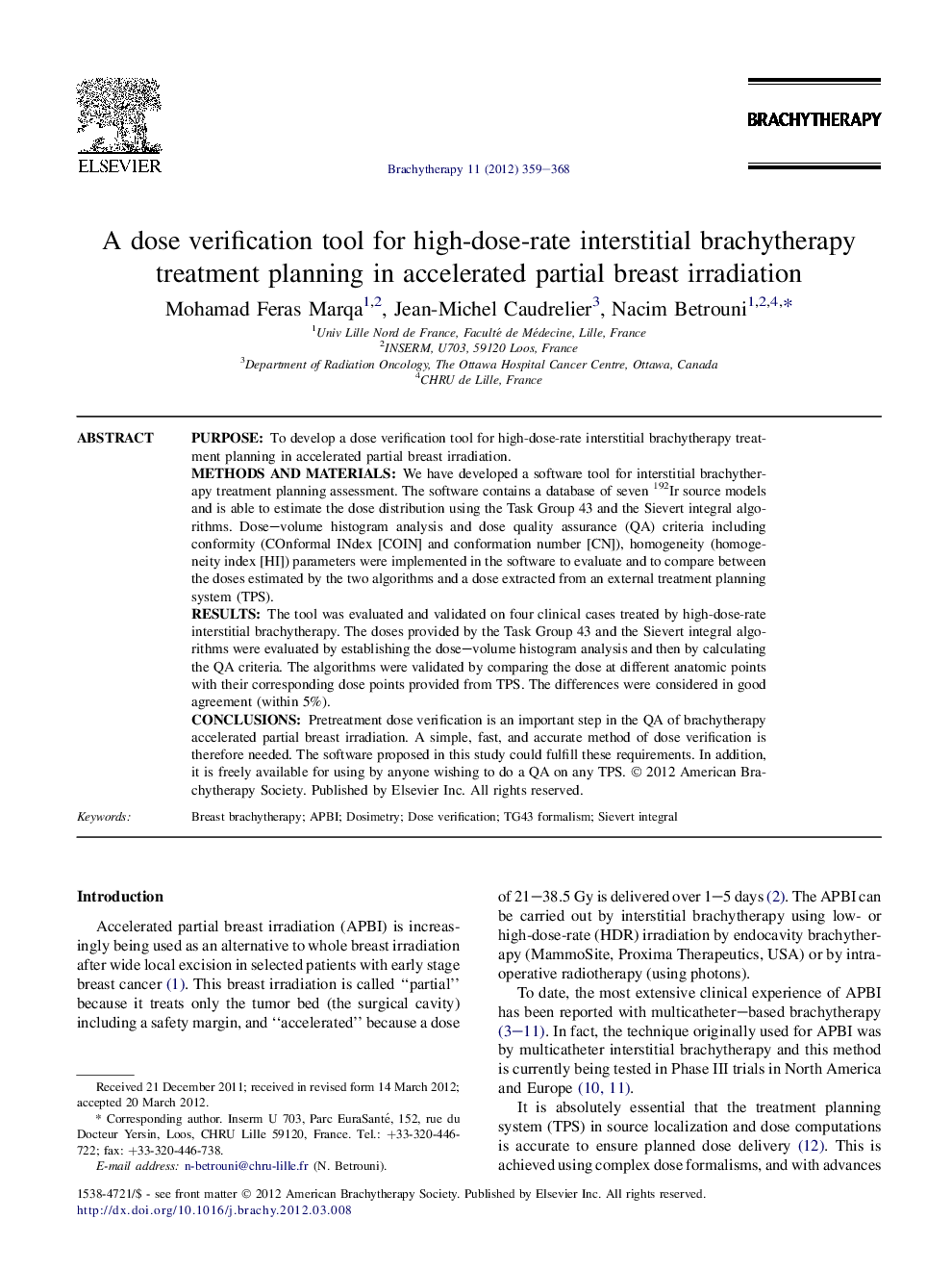 A dose verification tool for high-dose-rate interstitial brachytherapy treatment planning in accelerated partial breast irradiation