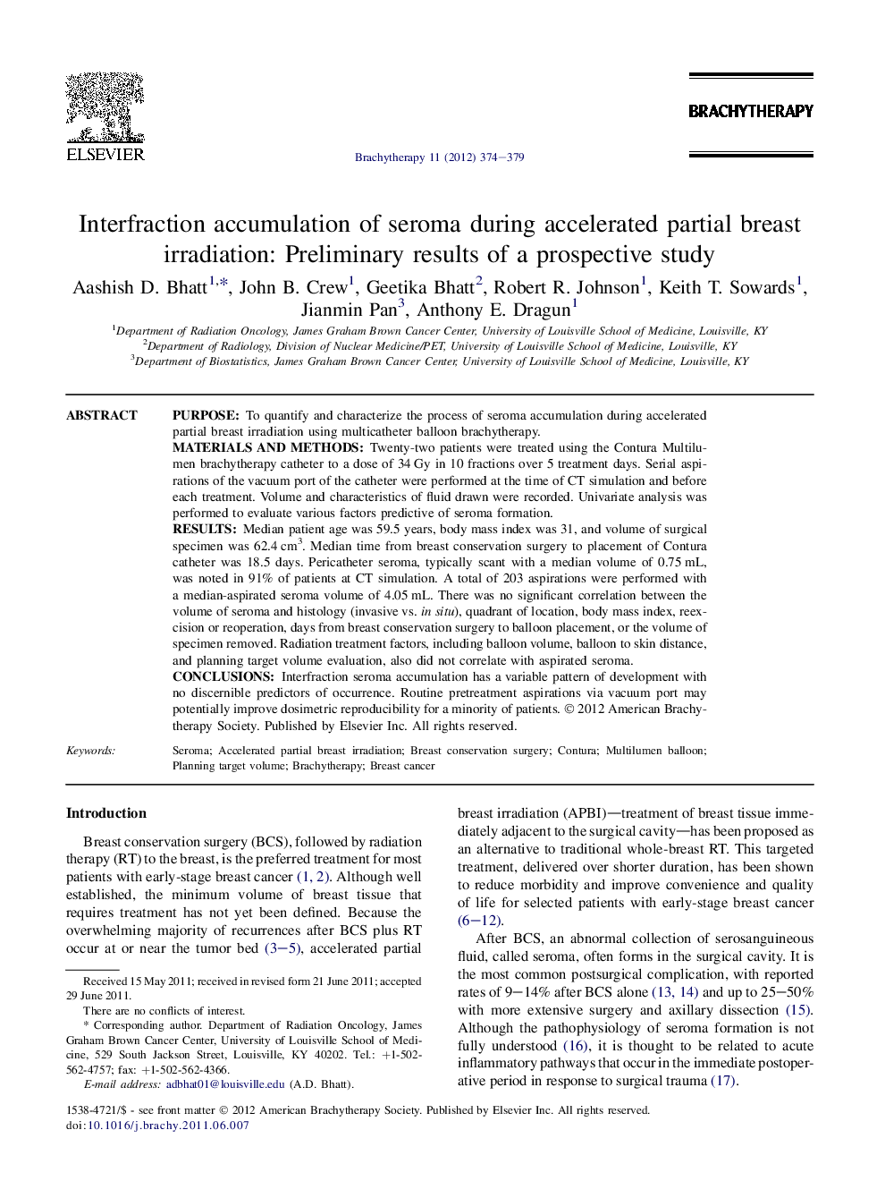 Interfraction accumulation of seroma during accelerated partial breast irradiation: Preliminary results of a prospective study