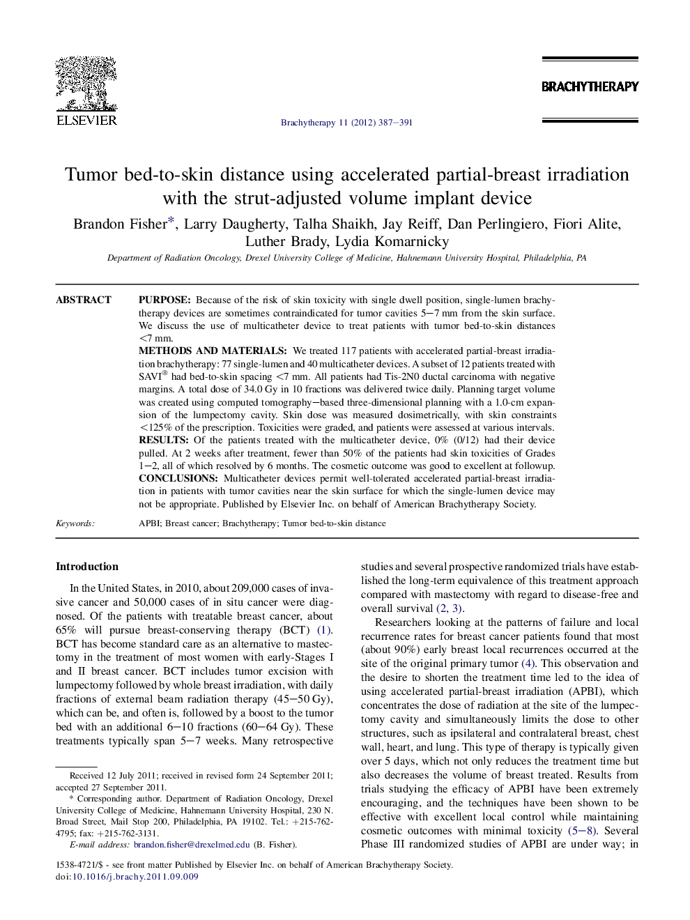 Tumor bed-to-skin distance using accelerated partial-breast irradiation with the strut-adjusted volume implant device