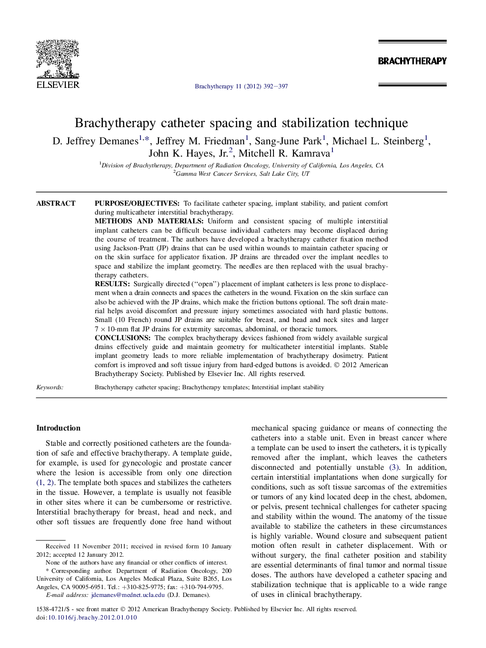 Brachytherapy catheter spacing and stabilization technique