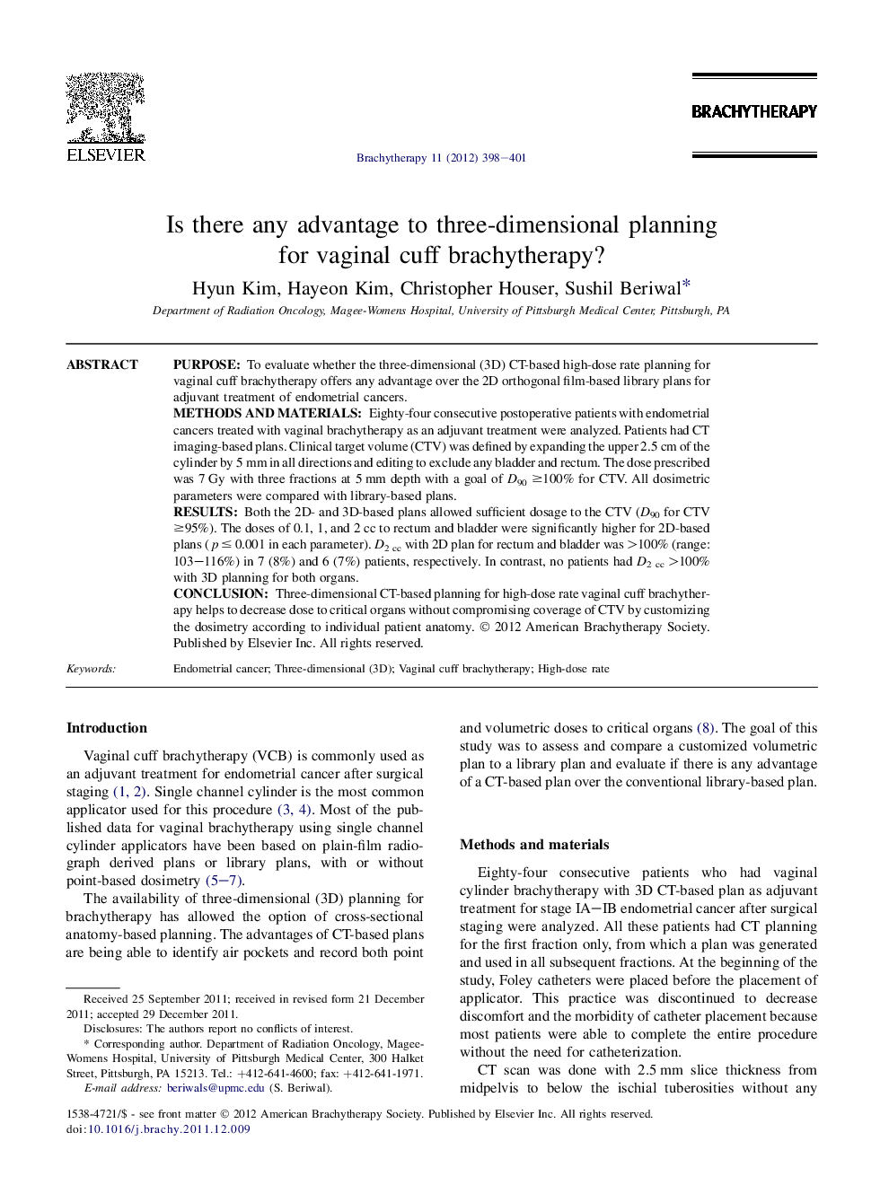 Is there any advantage to three-dimensional planning for vaginal cuff brachytherapy?