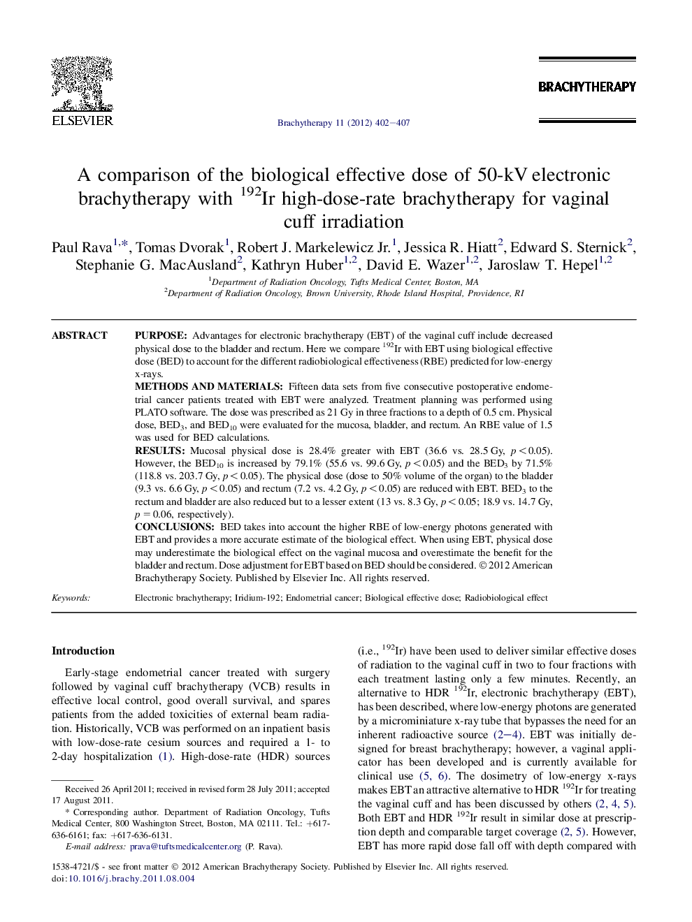 A comparison of the biological effective dose of 50-kV electronic brachytherapy with 192Ir high-dose-rate brachytherapy for vaginal cuff irradiation