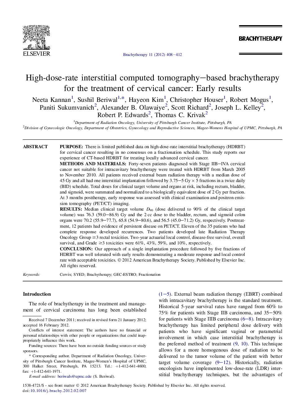 High-dose-rate interstitial computed tomography-based brachytherapy for the treatment of cervical cancer: Early results