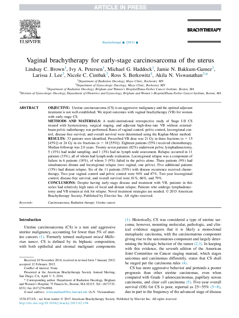 Vaginal brachytherapy for early-stage carcinosarcoma of the uterus