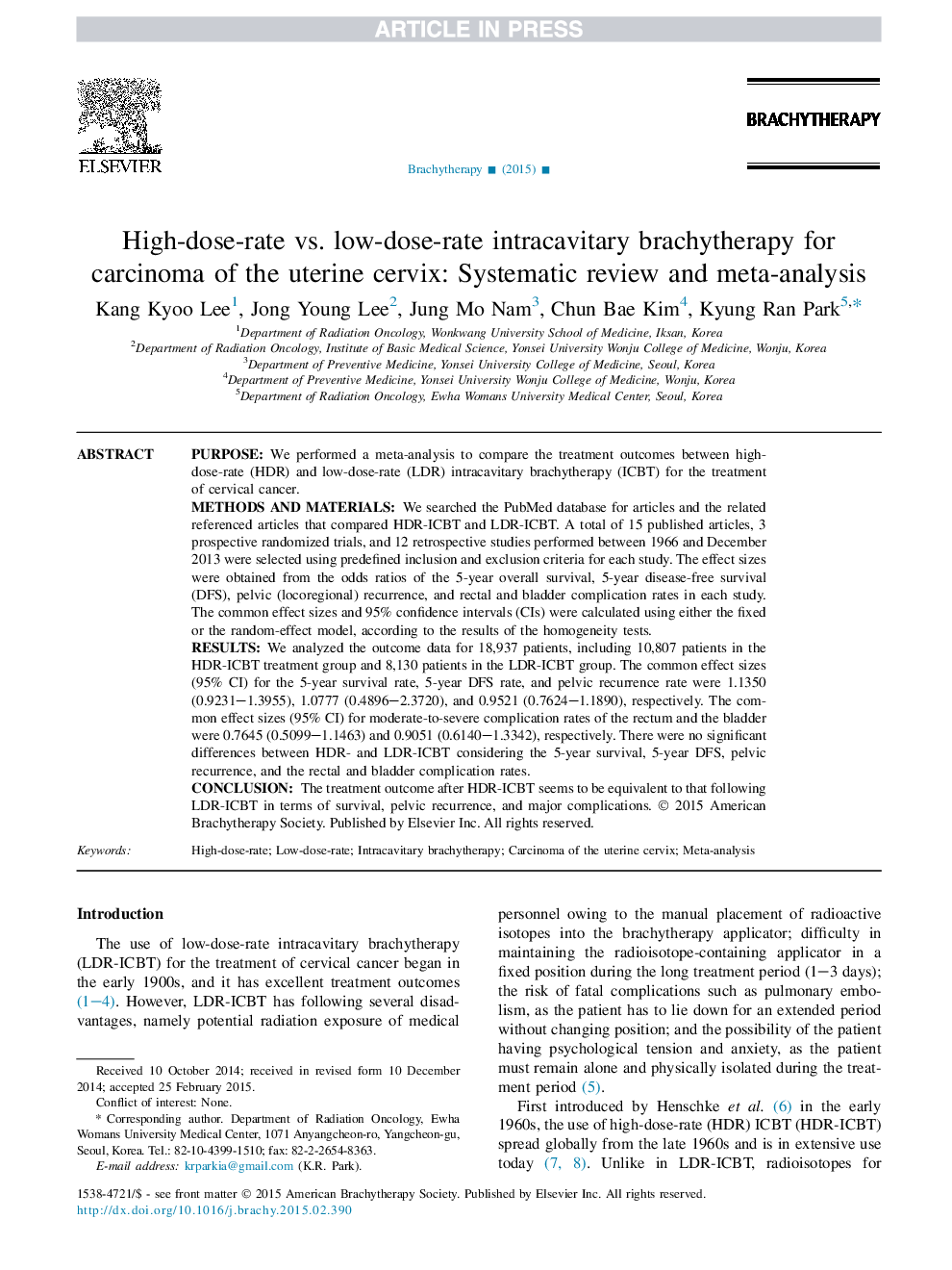 High-dose-rate vs. low-dose-rate intracavitary brachytherapy for carcinoma of the uterine cervix: Systematic review and meta-analysis