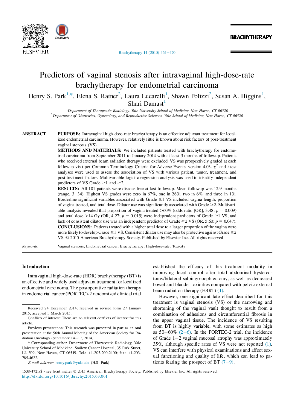 Predictors of vaginal stenosis after intravaginal high-dose-rate brachytherapy for endometrial carcinoma