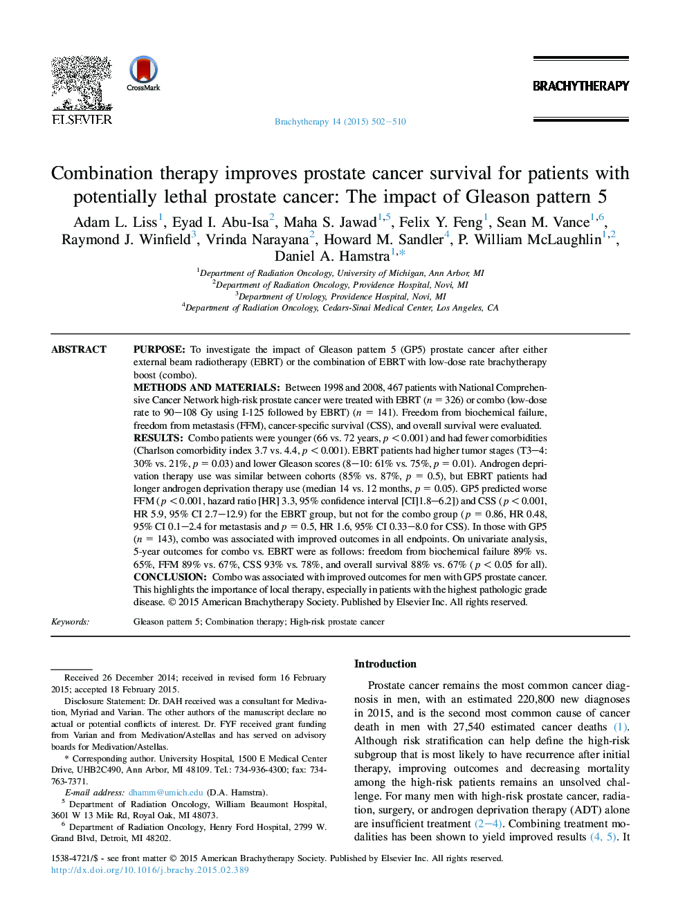 Combination therapy improves prostate cancer survival for patients with potentially lethal prostate cancer: The impact of Gleason pattern 5