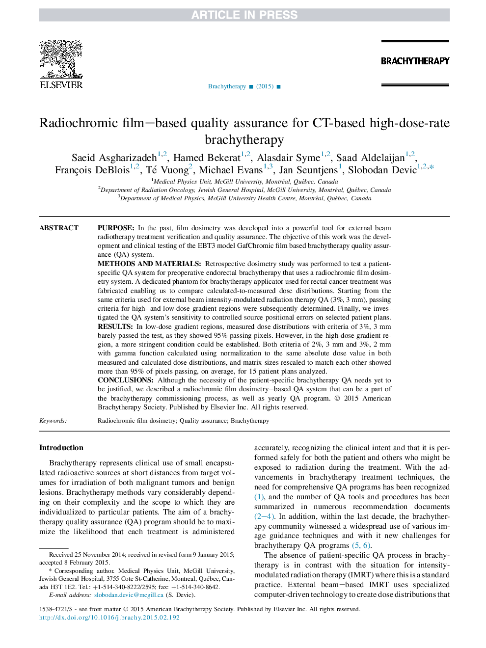 Radiochromic film-based quality assurance for CT-based high-dose-rate brachytherapy