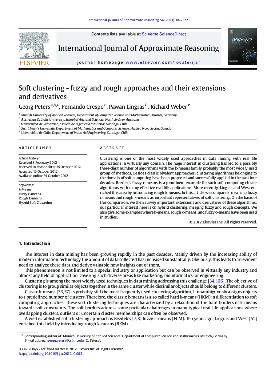 عکس صفحه اول مقاله: Soft clustering – Fuzzy and rough approaches and their extensions and derivatives Soft clustering – Fuzzy and rough approaches and their extensions and derivatives