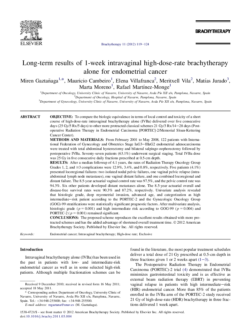 Long-term results of 1-week intravaginal high-dose-rate brachytherapy alone for endometrial cancer