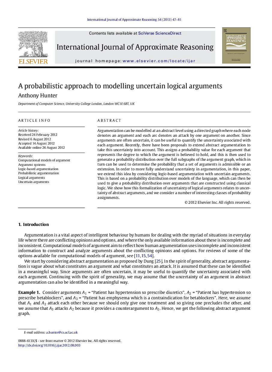 A probabilistic approach to modelling uncertain logical arguments