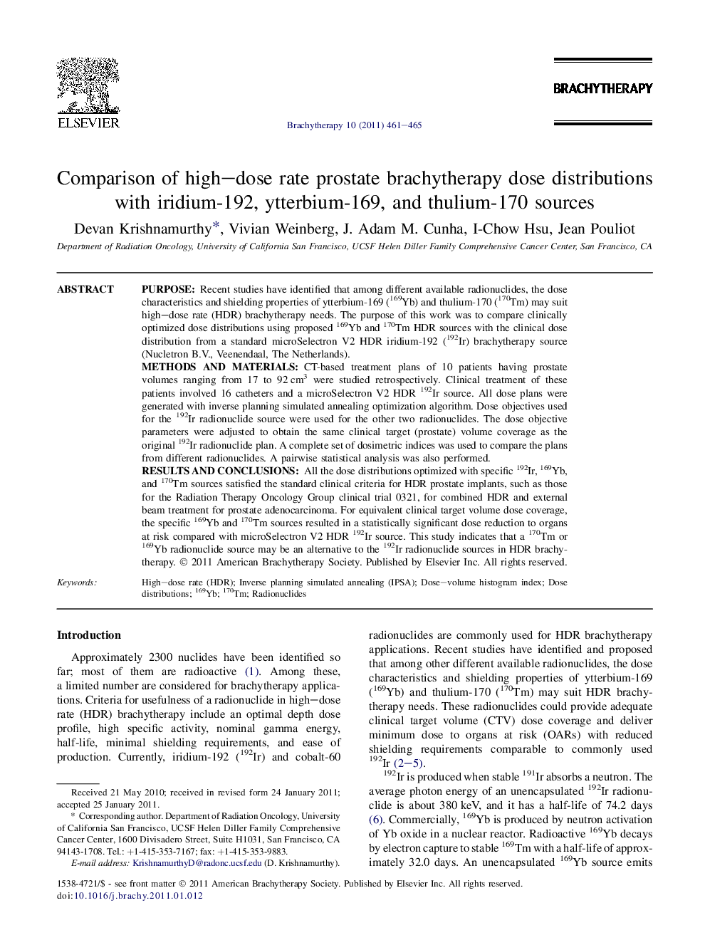 Comparison of high-dose rate prostate brachytherapy dose distributions with iridium-192, ytterbium-169, and thulium-170 sources