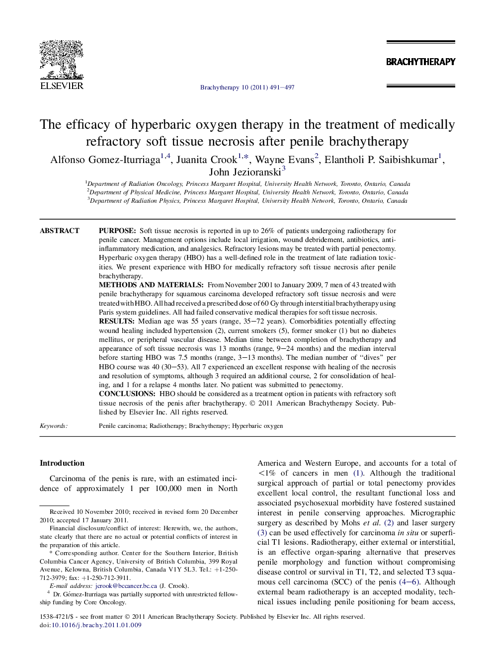 The efficacy of hyperbaric oxygen therapy in the treatment of medically refractory soft tissue necrosis after penile brachytherapy