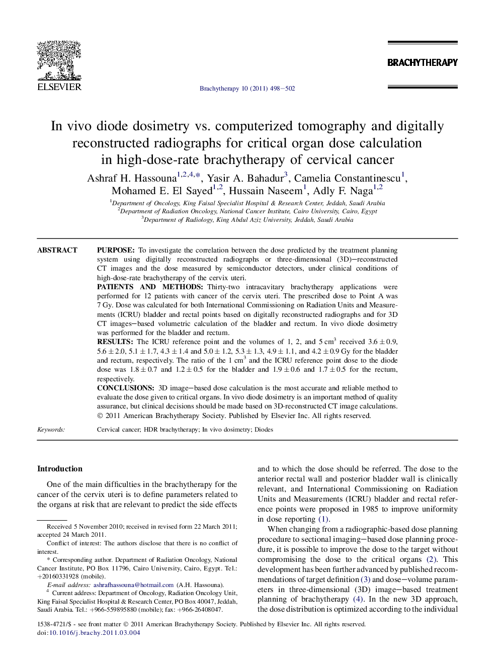 In vivo diode dosimetry vs. computerized tomography and digitally reconstructed radiographs for critical organ dose calculation in high-dose-rate brachytherapy of cervical cancer