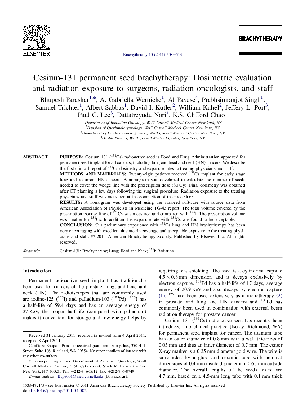 Cesium-131 permanent seed brachytherapy: Dosimetric evaluation and radiation exposure to surgeons, radiation oncologists, and staff