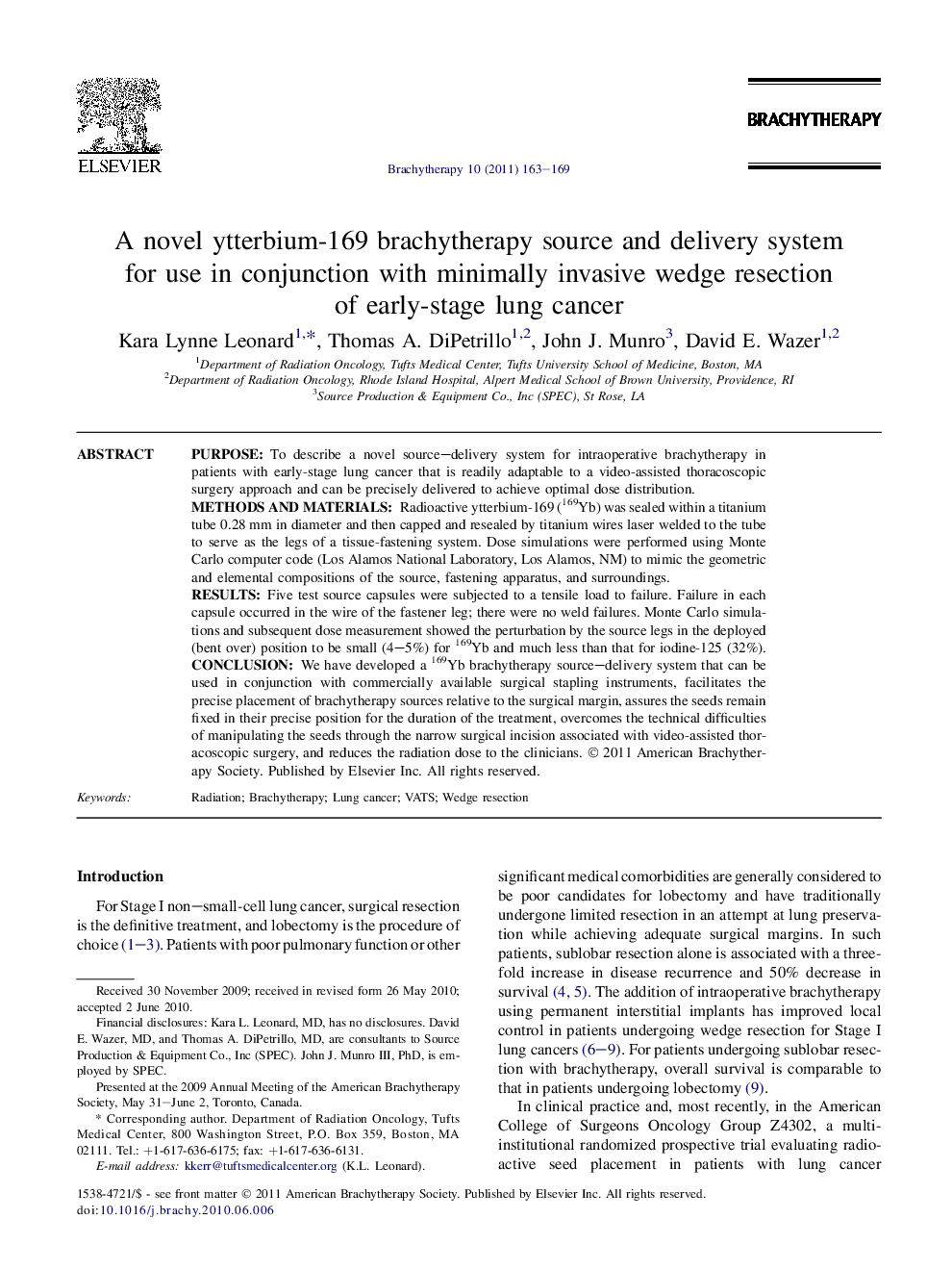 A novel ytterbium-169 brachytherapy source and delivery system for use in conjunction with minimally invasive wedge resection of early-stage lung cancer