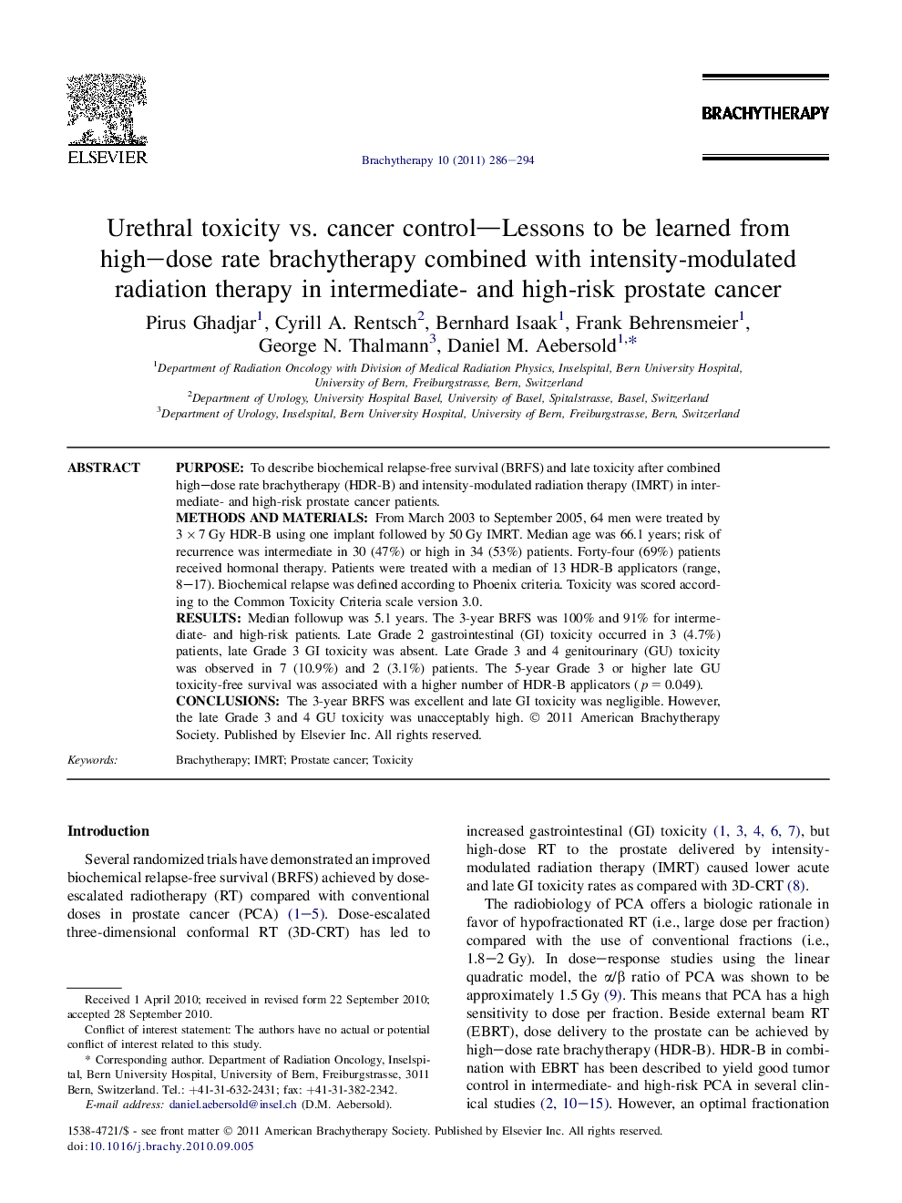 Urethral toxicity vs. cancer control-Lessons to be learned from high-dose rate brachytherapy combined with intensity-modulated radiation therapy in intermediate- and high-risk prostate cancer