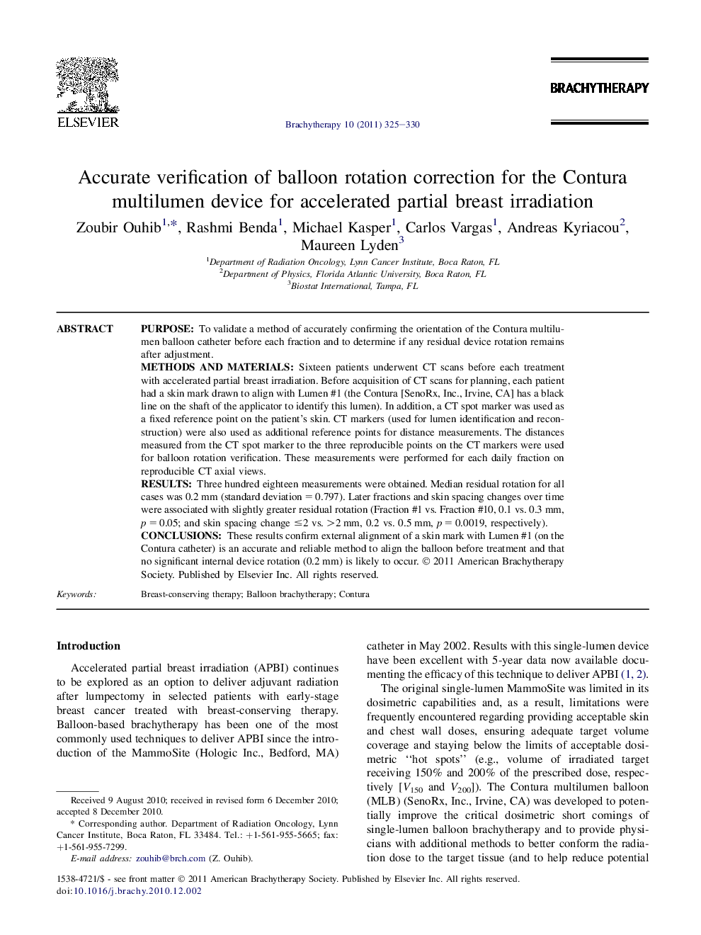 Accurate verification of balloon rotation correction for the Contura multilumen device for accelerated partial breast irradiation