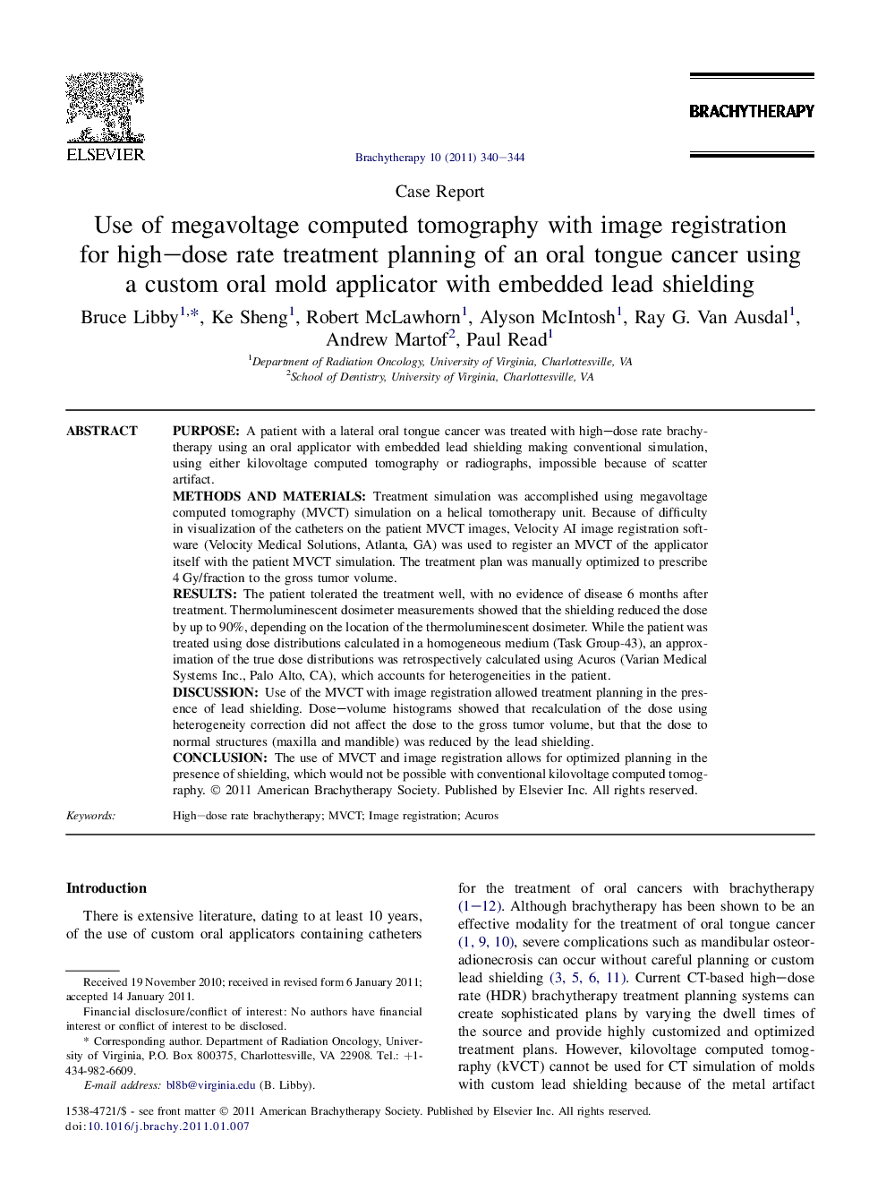 Use of megavoltage computed tomography with image registration for high-dose rate treatment planning of an oral tongue cancer using a custom oral mold applicator with embedded lead shielding