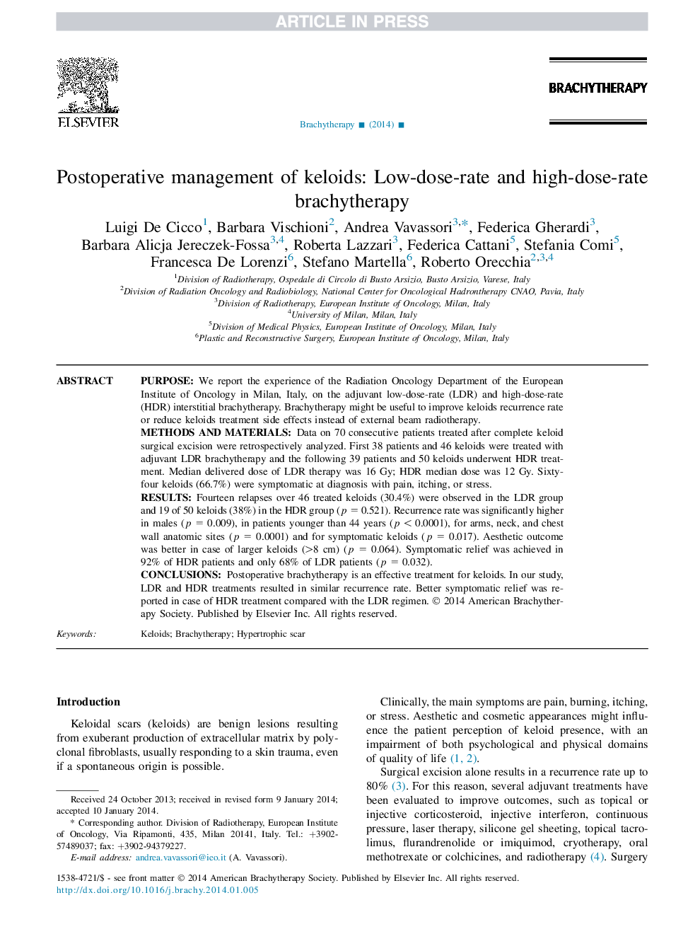 Postoperative management of keloids: Low-dose-rate and high-dose-rate brachytherapy