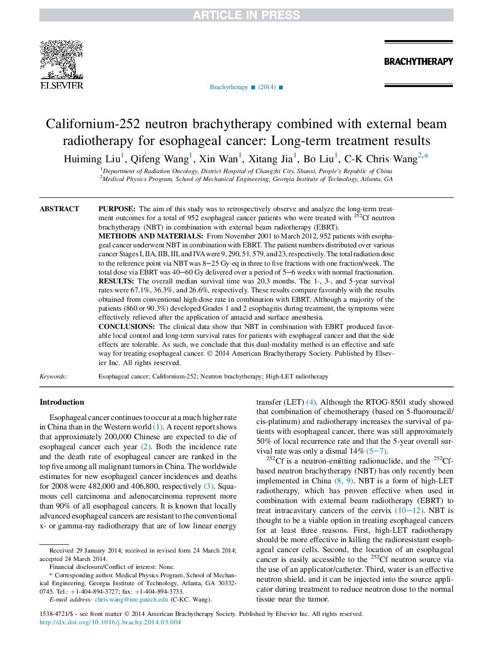 Californium-252 neutron brachytherapy combined with external beam radiotherapy for esophageal cancer: Long-term treatment results