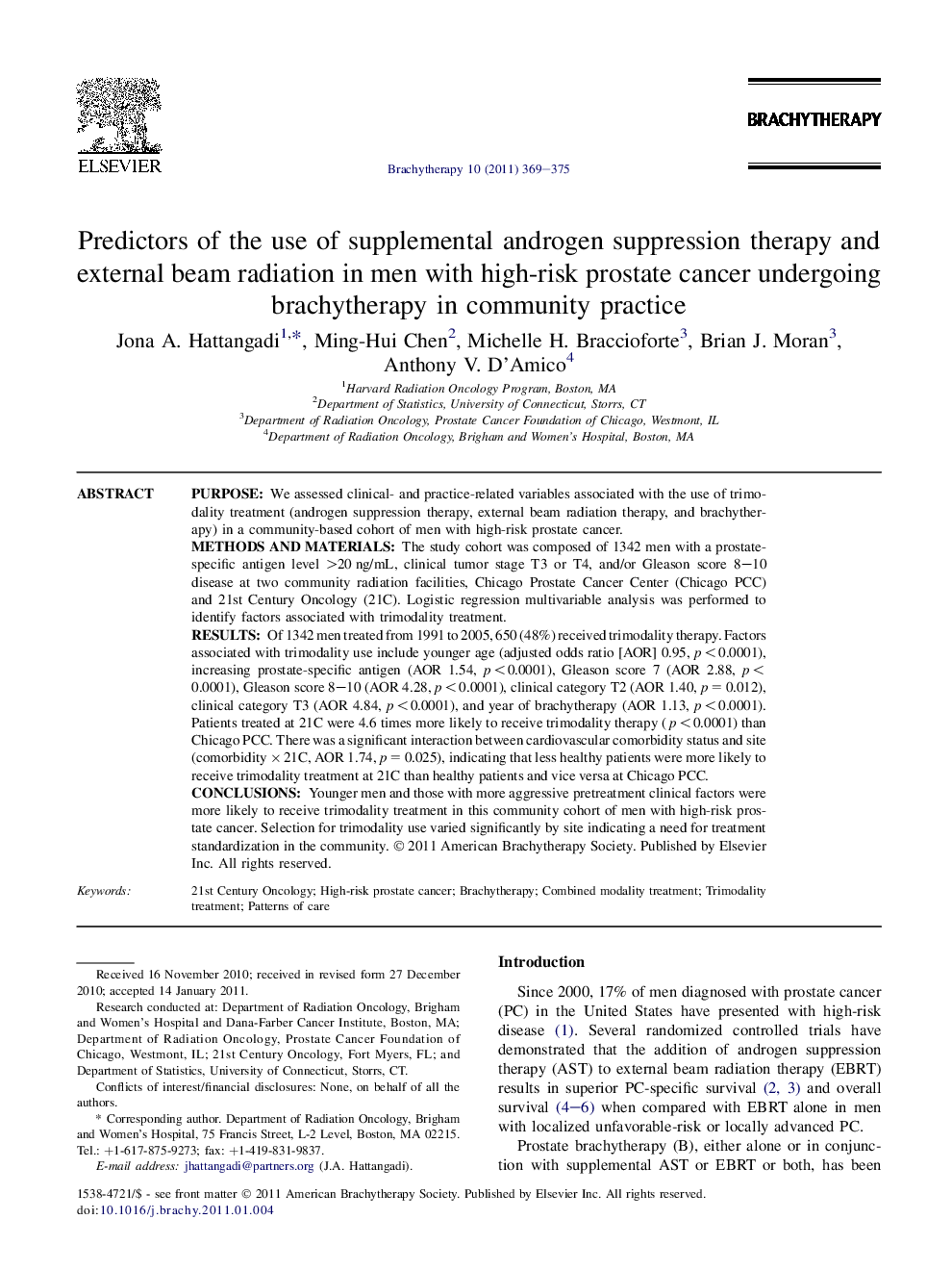 Predictors of the use of supplemental androgen suppression therapy and external beam radiation in men with high-risk prostate cancer undergoing brachytherapy in community practice