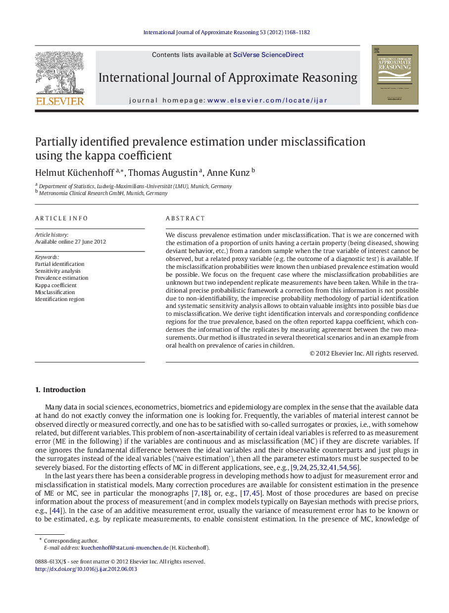 Partially identified prevalence estimation under misclassification using the kappa coefficient