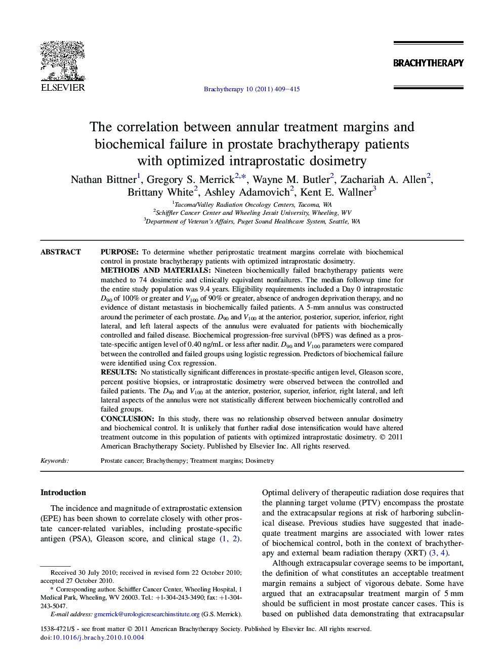 The correlation between annular treatment margins and biochemical failure in prostate brachytherapy patients with optimized intraprostatic dosimetry