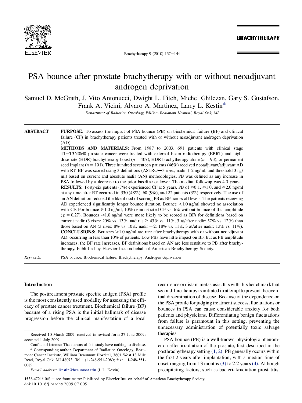 PSA bounce after prostate brachytherapy with or without neoadjuvant androgen deprivation