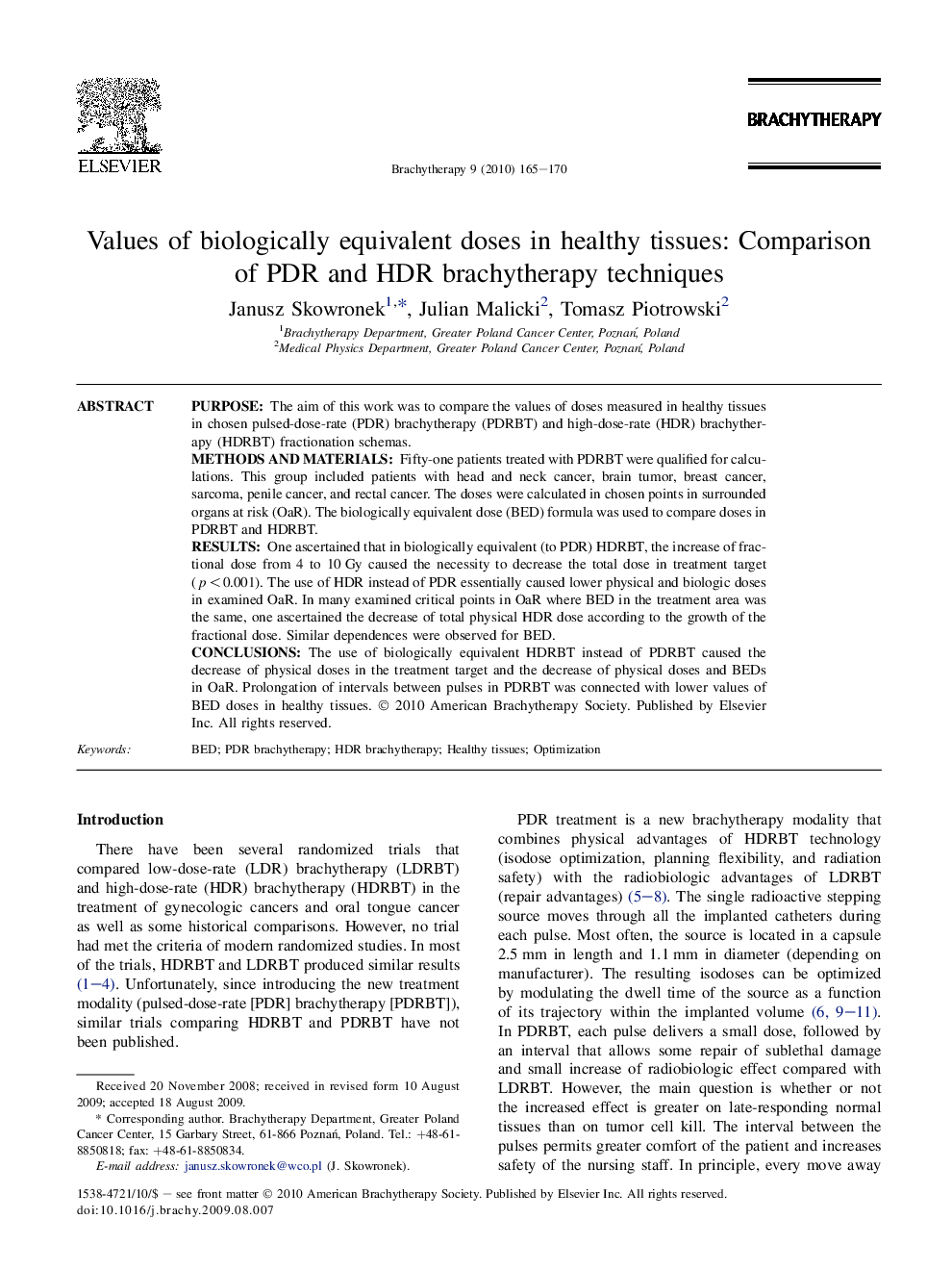 Values of biologically equivalent doses in healthy tissues: Comparison of PDR and HDR brachytherapy techniques