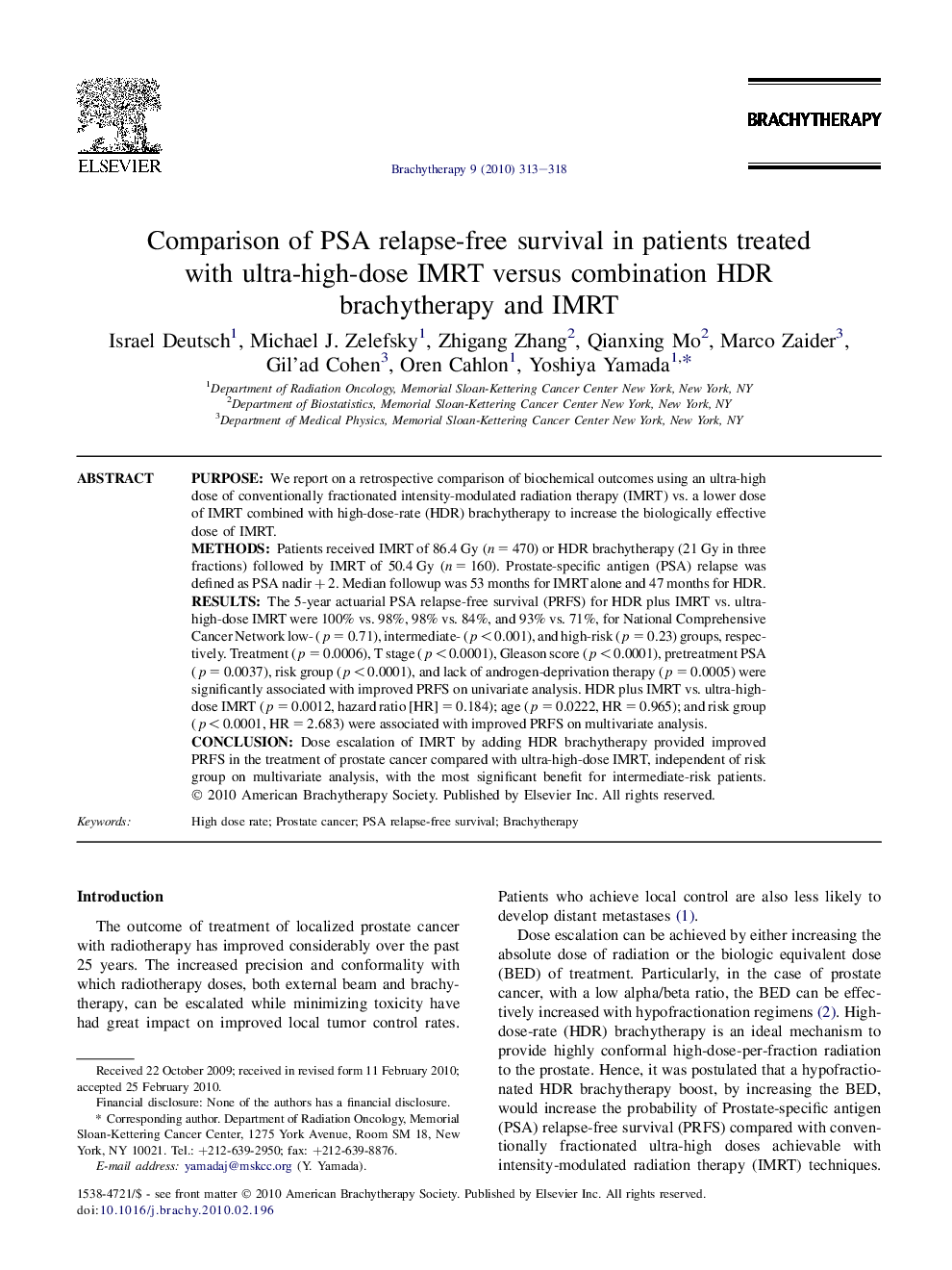 Comparison of PSA relapse-free survival in patients treated with ultra-high-dose IMRT versus combination HDR brachytherapy and IMRT