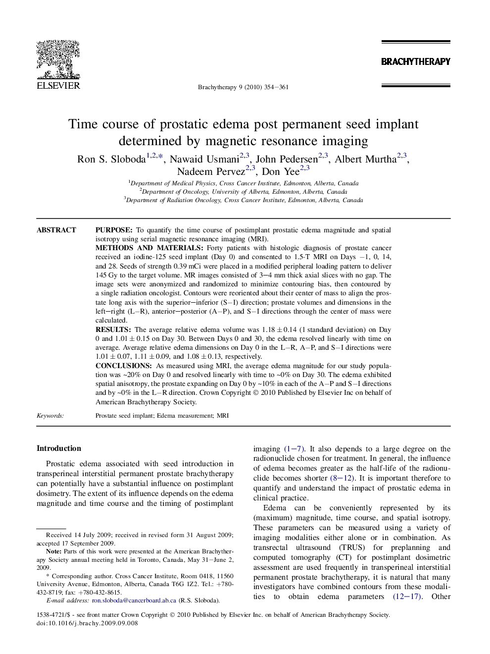 Time course of prostatic edema post permanent seed implant determined by magnetic resonance imaging