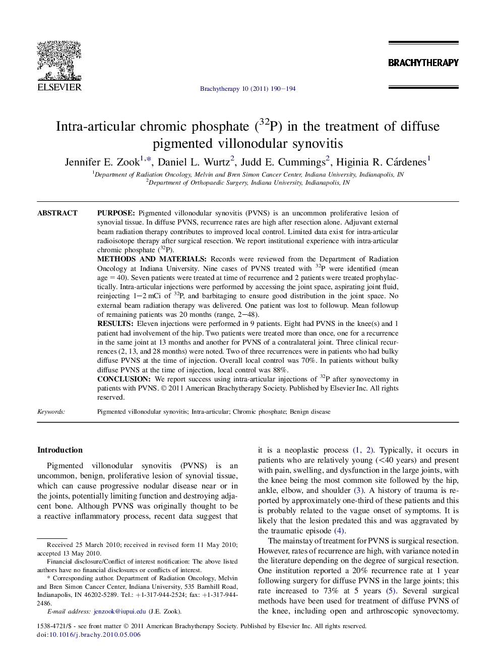 Intra-articular chromic phosphate (32P) in the treatment of diffuse pigmented villonodular synovitis