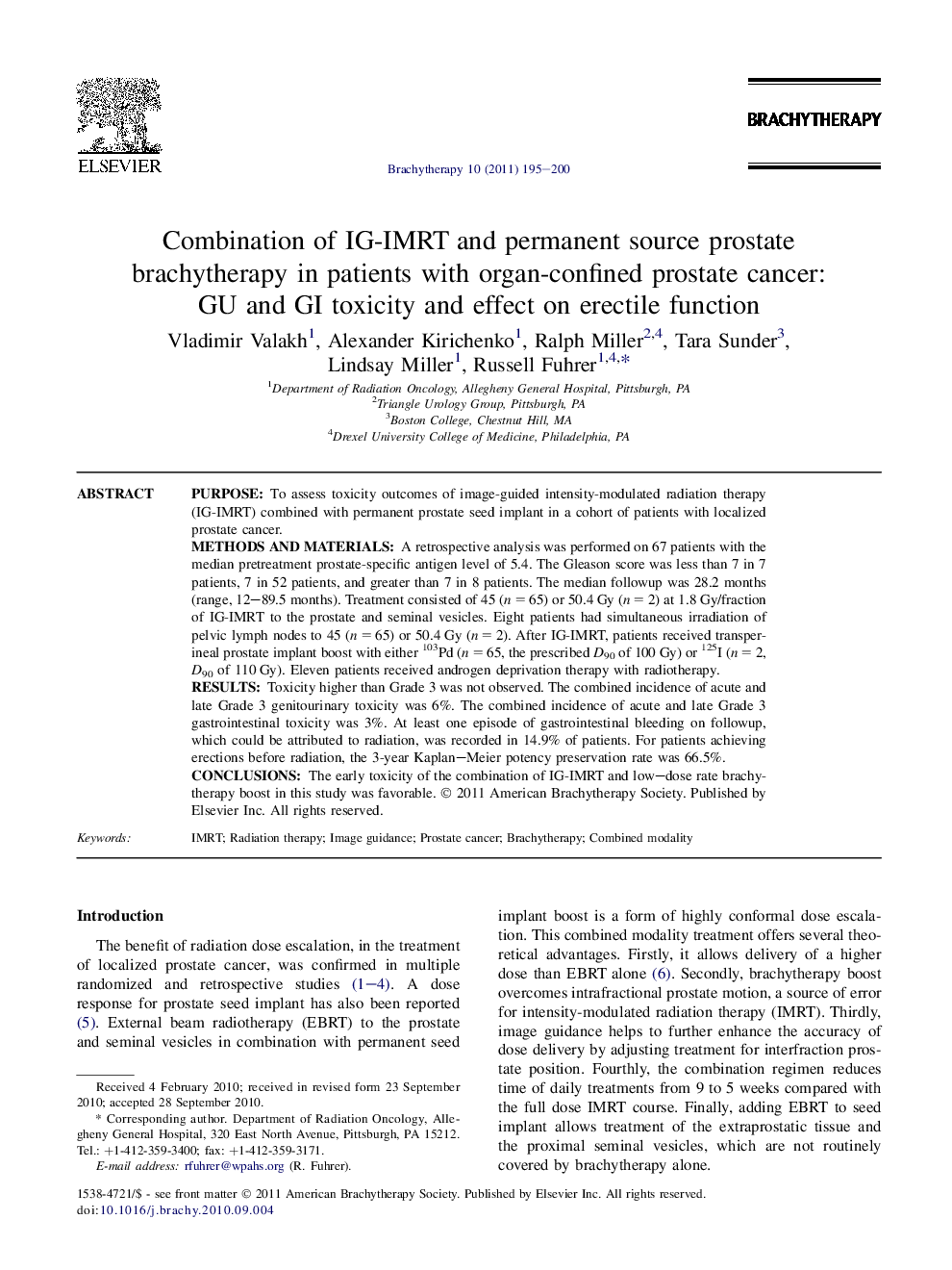 Combination of IG-IMRT and permanent source prostate brachytherapy in patients with organ-confined prostate cancer: GU and GI toxicity and effect on erectile function