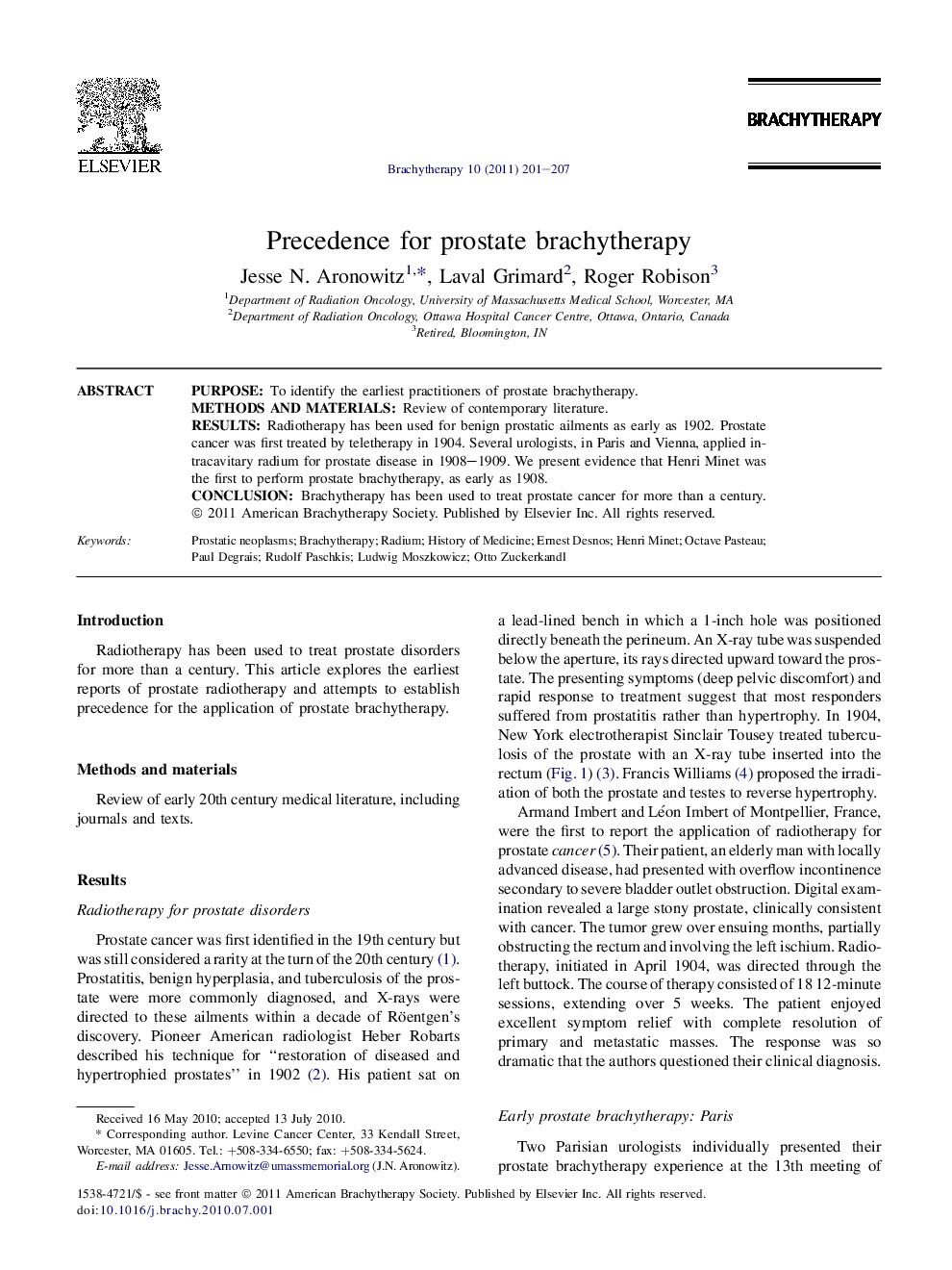 Precedence for prostate brachytherapy